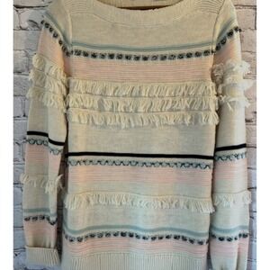 Ann Taylor LOFT Women's Boatneck Fringe Stripe  Cotton  Sweater Sz Small